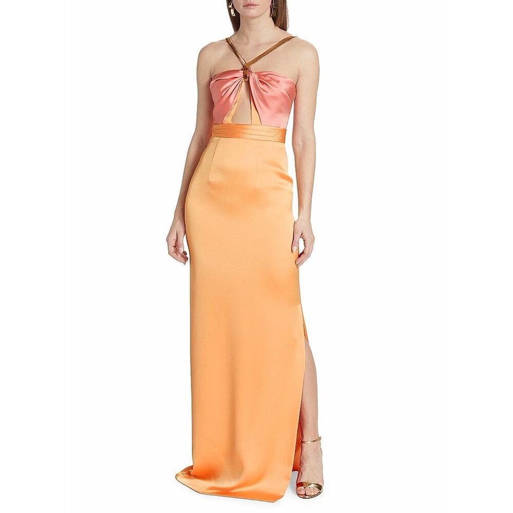 Ozgur Masur Women's Chain Halter Satin Column Gown In Pink Orange Size 36 (US 4)